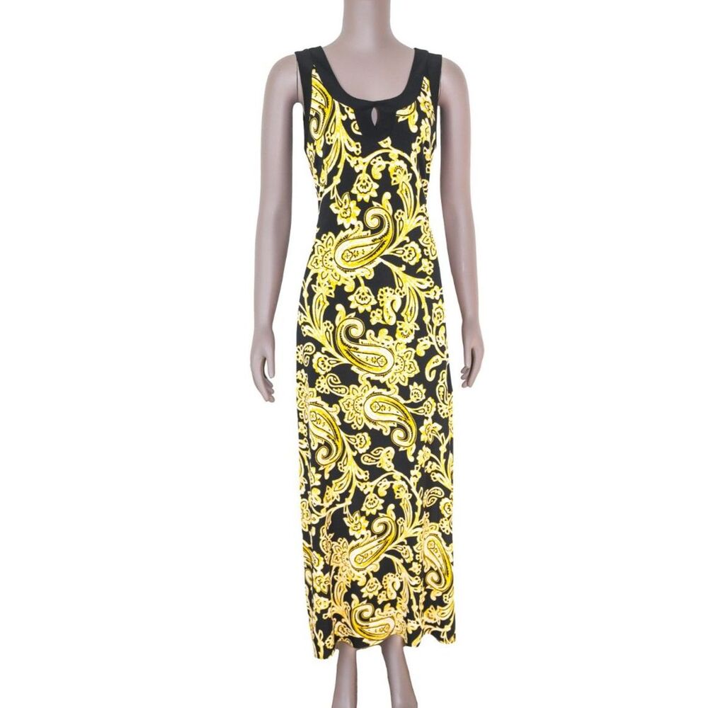 Black Yellow Paisley Maxi Dress Boho Resort Sleeveless Medium